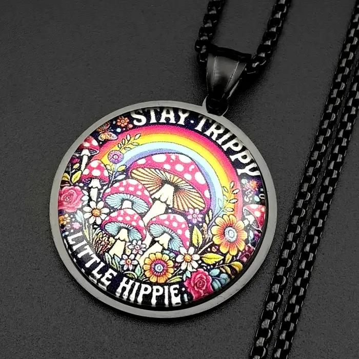 Collier Stay Trippy Little Hippie en acier inoxydable et verre style punk gothique symbole magique champignon fleur bijou chaîne femme homme occasions spéciales