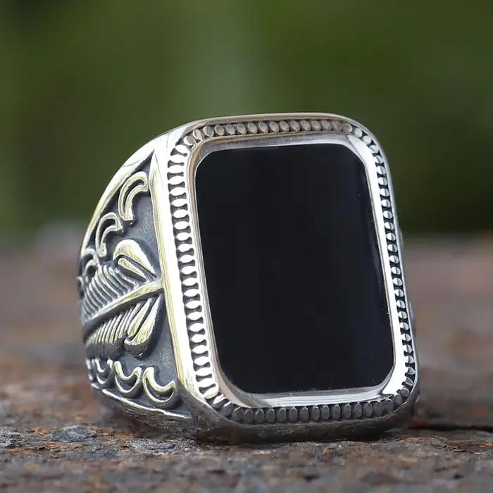 Bague chevalière turque Vintage faite à la main pour hommes et femmes, couleur argent antique, pierr