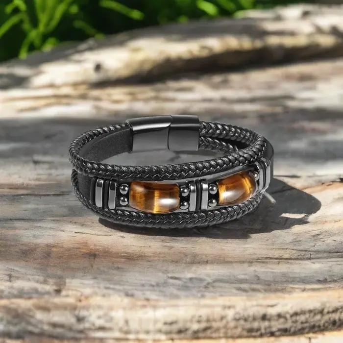 Bracelet en cuir noir œil de tigre pour hommes