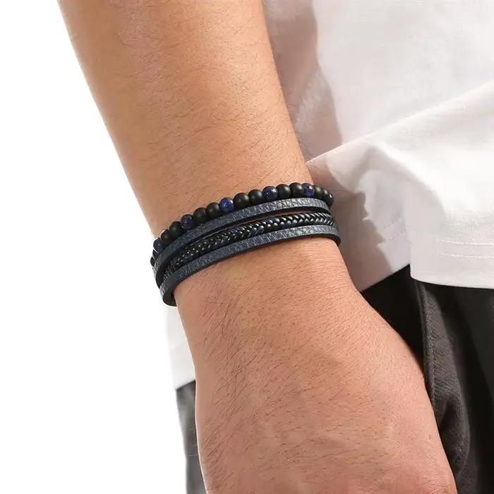 Bracelet en cuir tissé à la main pour homme style punk avec fermoir aimanté et finitions métalliques variées pour homme