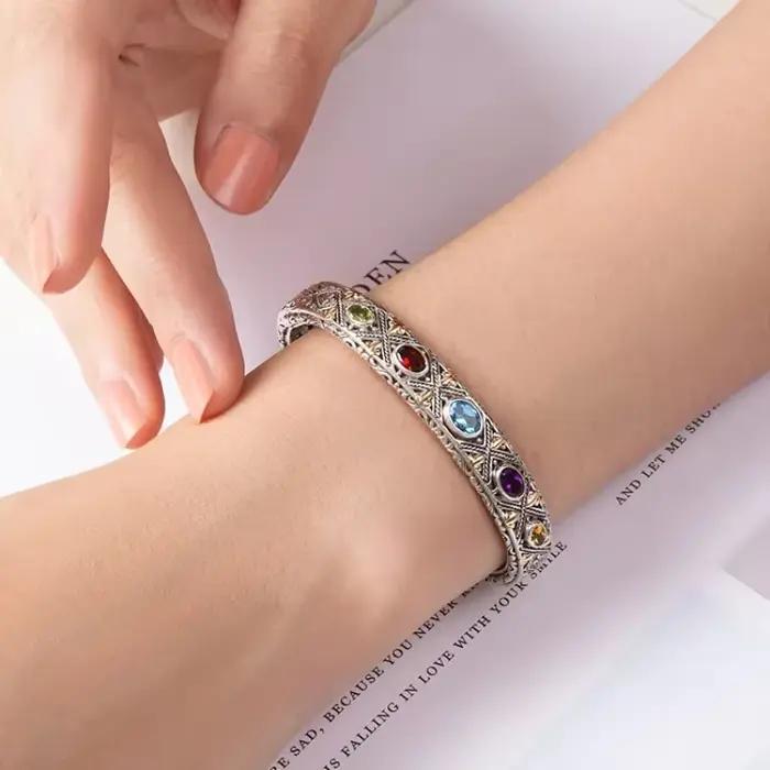 Bracelet de luxe en argent 925 incrusté de pierres précieuses colorées, à la mode, pour Couple fin,