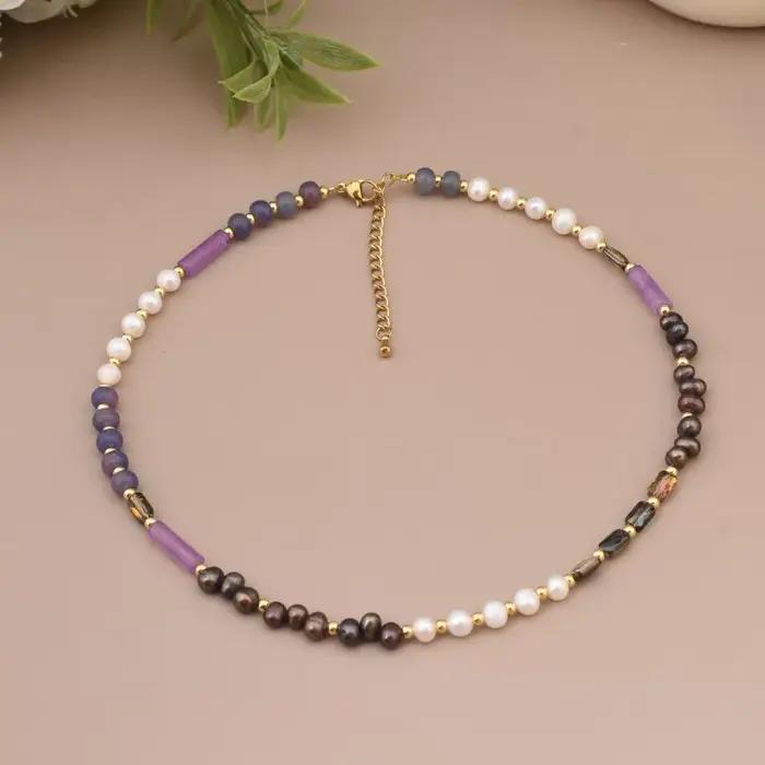 Nouveau Collier Ras-du-Cou en Perles de Pierre Naturelle, Style Rétro Simple et Élégant, Chaîne de Pull Unisexe de Haute Qualité, Bijou de Cou, Cadeaux de Fête