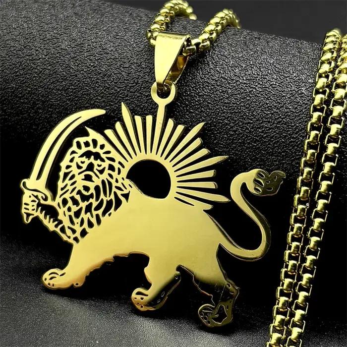 Collier Shamshir Lion de Perse en acier inoxydable pour homme et femme avec pendentif épée islamique iranienne pour occasions spéciales et cadeaux