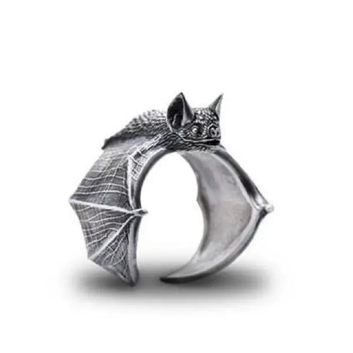 Bague chauve-souris noire rétro pour homme, 3 couleurs, argent, punk de rue, gothique, réglable, bij