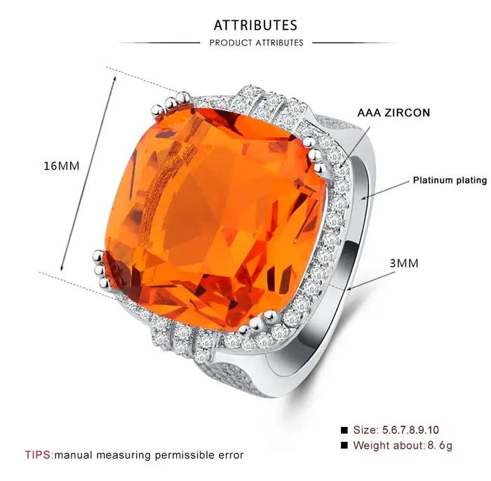 Grande bague carrée de luxe avec pierres précieuses Orange