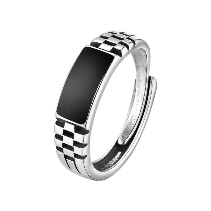 Bague rectangulaire noire en cuivre avec placage d'argent pour hommes et garçons occasions spéciales et quotidienne cadeau pour papa fils grand-père neveu oncle petit ami