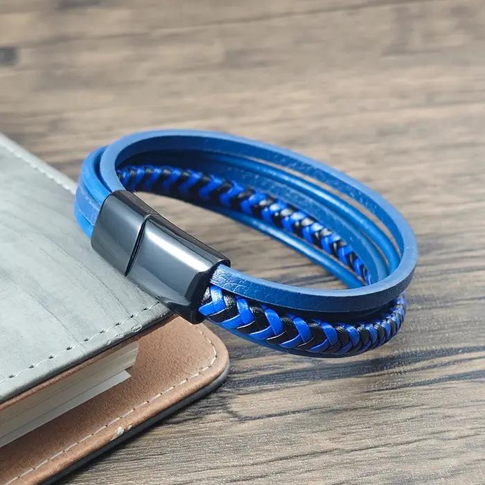 Bracelet vintage multicouche en cuir bleu et acier inoxydable pour homme