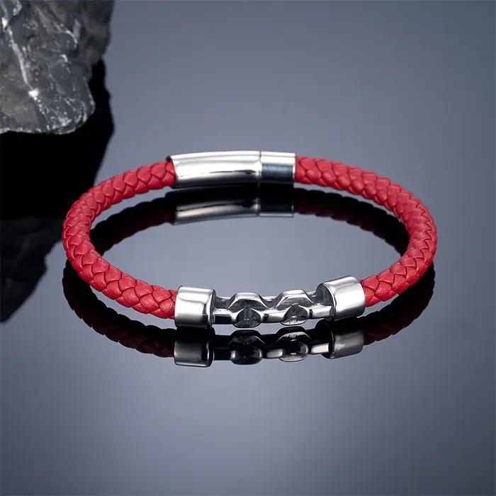 Bracelet en cuir tressé noir rouge bleu avec chaîne en acier inoxydable pour homme style vintage cadeau de couple occasions spéciales