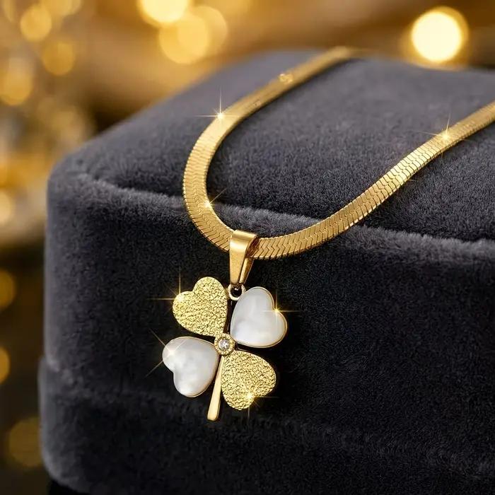 Collier pendentif trèfle à quatre feuilles porte-bonheur, perle nacre, bijoux en acier inoxydable bicolore, chaîne serpent plate élégante