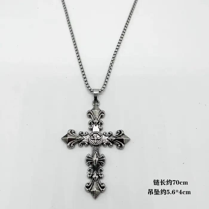Collier chaîne ras du cou avec pendentif croix flamme argenté style hip-hop pour hommes et femmes