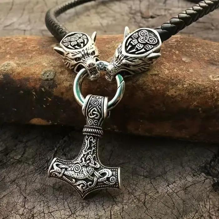 Collier rétro en cuir tête de loup Viking, marteau de Thor, mythologie norvégienne, pendentif en all