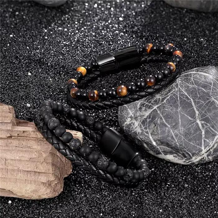 Bracelet tressé en cuir véritable pour hommes