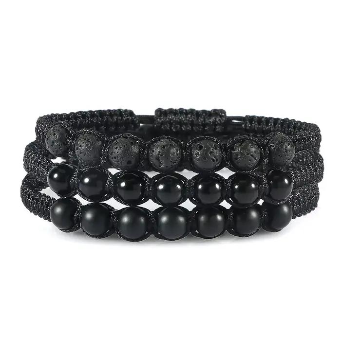 Bracelet noir en pierre naturelle Onyx pour hommes, perles de lave tressées, chaîne en corde réglable, bijoux faits à la main à la mode