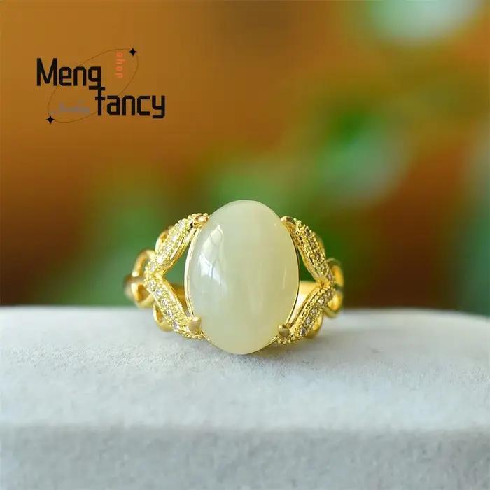 Bague en cuivre incrusté de jade blanc Hetian naturel, forme œuf de pigeon, bijoux de mode exquis, cadeaux populaires pour jeunes filles et couples, idéal pour les fêtes.