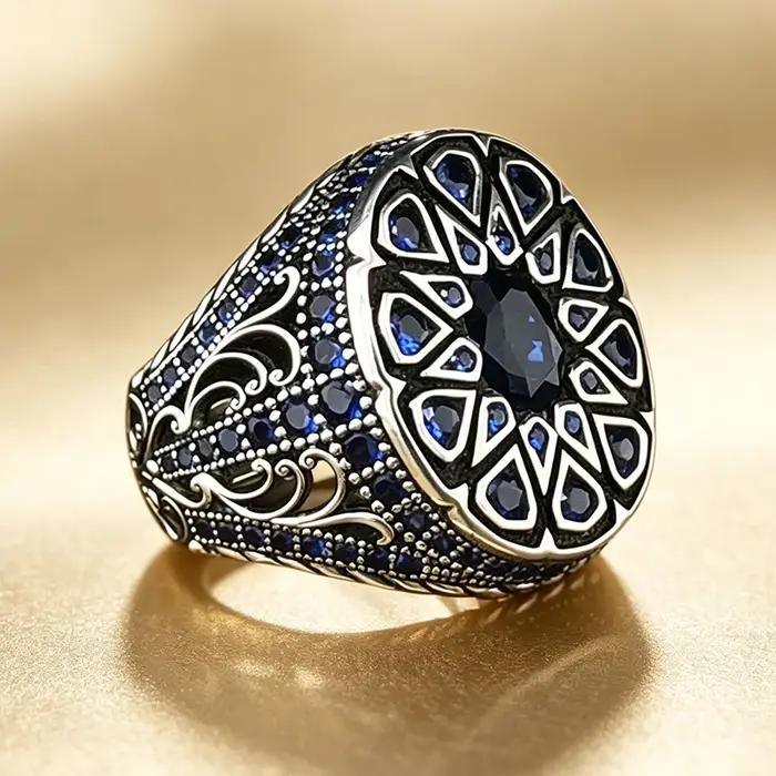 Bague vintage pour homme en saphir bleu