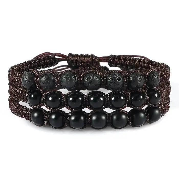 Bracelet noir en pierre naturelle Onyx pour hommes, perles de lave tressées, chaîne en corde réglable, bijoux faits à la main à la mode