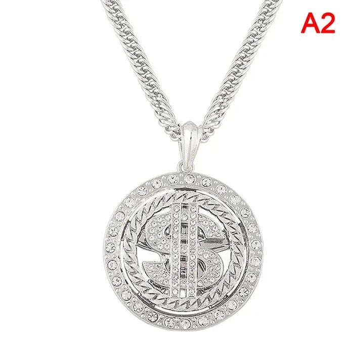 Grand Collier Pendentif Signe d'Argent en Dollar Américain Rotatif pour Homme