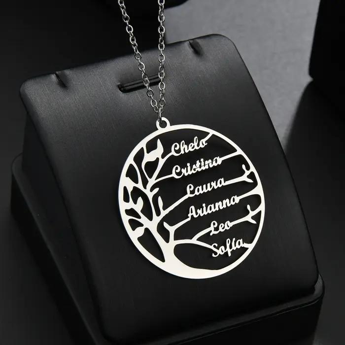 Collier arbre de vie en acier inoxydable avec noms personnalisés, pendentif plaque signalétique, per
