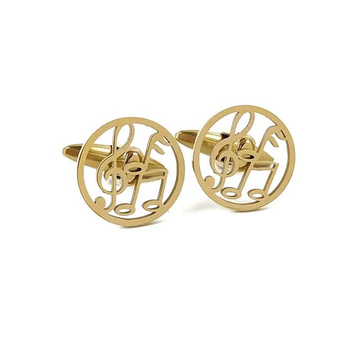 Boutons de manchette en acier inoxydable plaqué or 18 carats design rond note et clé triple élégants pour hommes occasions spéciales professionnels