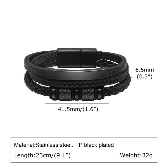 Bracelet en cuir tressé personnalisé homme en acier inoxydable avec cuir pu triple tissé pour nom et citations en argent noir or occasion spéciale et quotidienne