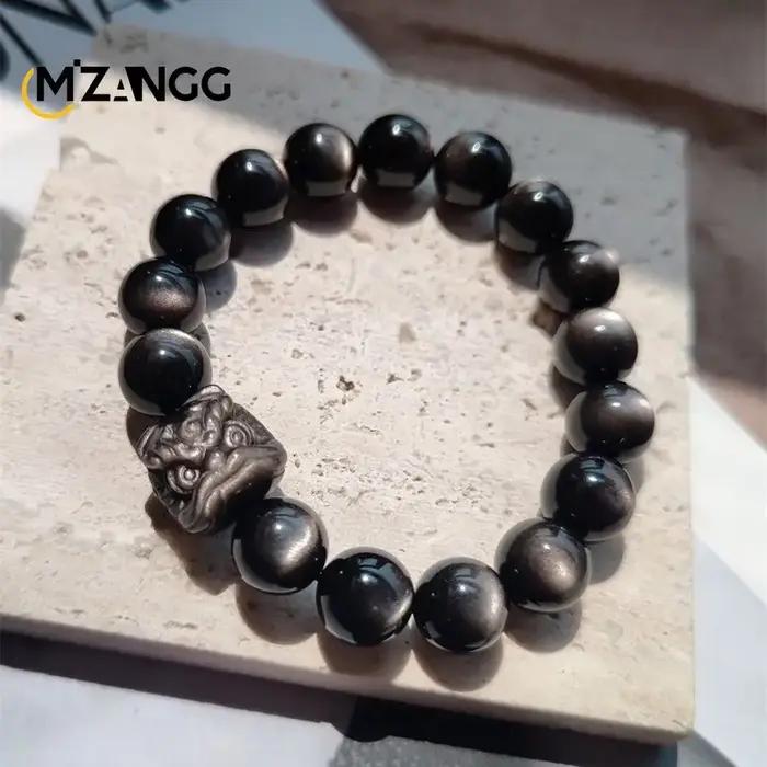 Bracelet en obsidienne naturelle pour hommes et femmes, or et argent, chat d'obsidienne, cordes de perles PiXiu, bijoux de luxe sculptés à la main, amulette porte-bonheur