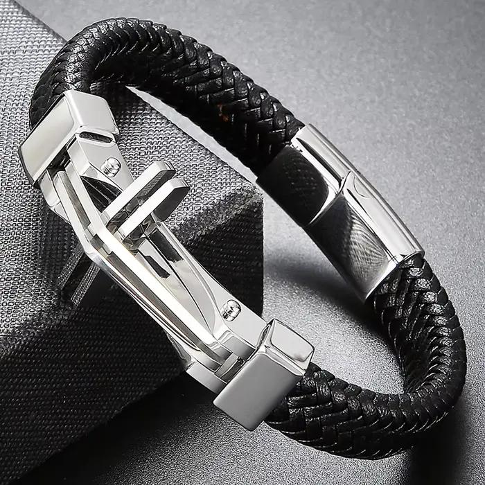 Bracelet Tressé en Cuir group pour Homme, Manchette Ronde en Acier Inoxydable, avec Fermeture Magnétique, Bijoux en Croix à Graver