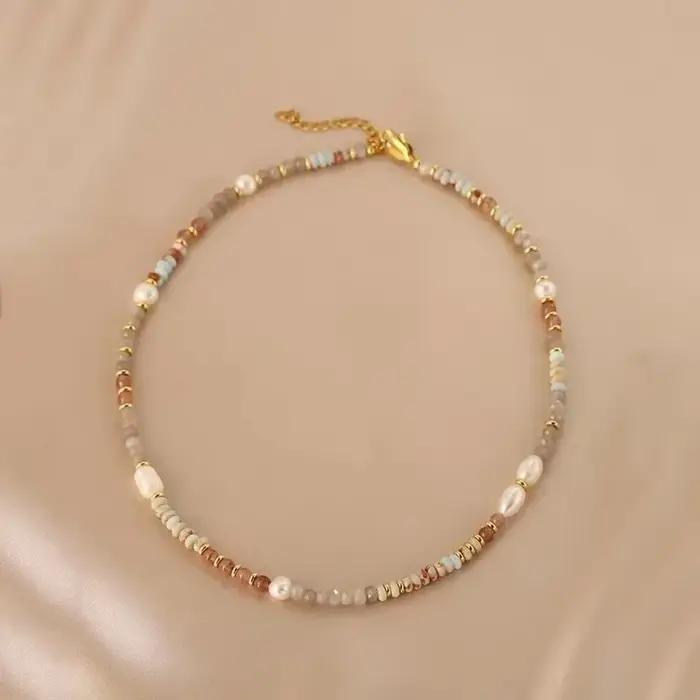 Minar rétro coloré pierre naturelle cristal perle d'eau douce brin collier de perles pour les femmes 14K véritable plaqué or cuivre Sautoirs