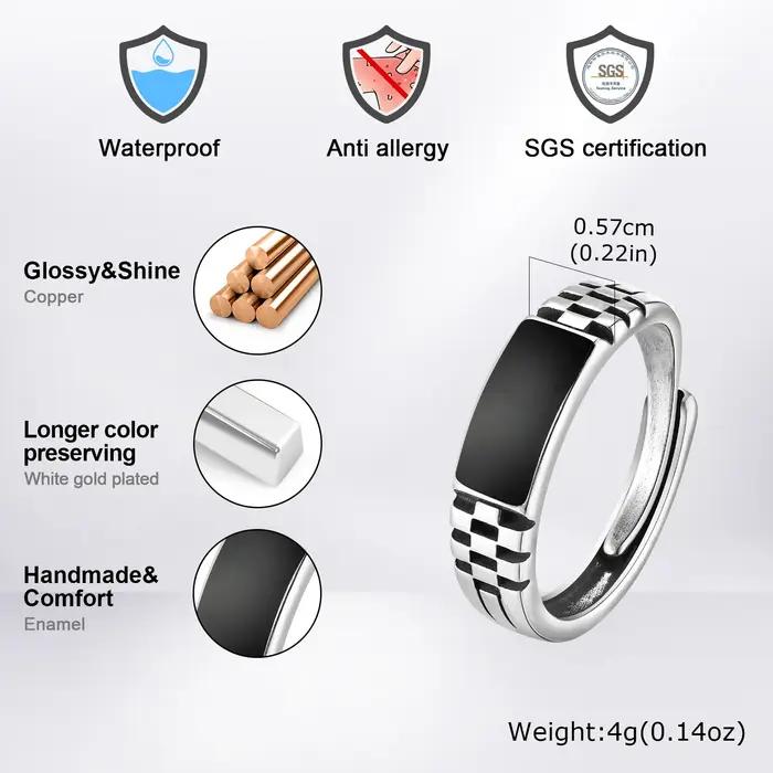 Bague rectangulaire noire en cuivre avec placage d'argent pour hommes et garçons occasions spéciales et quotidienne cadeau pour papa fils grand-père neveu oncle petit ami