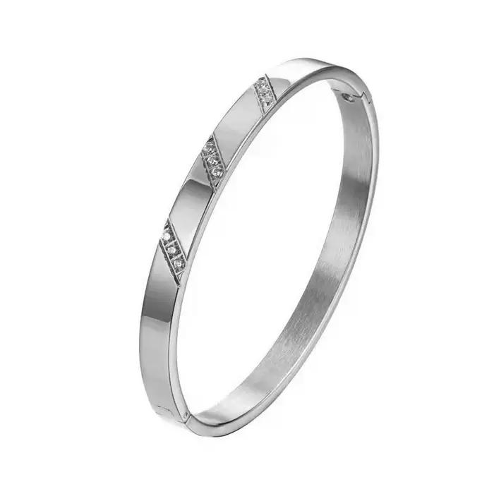 Bracelet en zircon avec trois pierres plaquées en platine pour femmes, bracelet en acier inoxydable, bijou tendance pour les occasions spéciales
