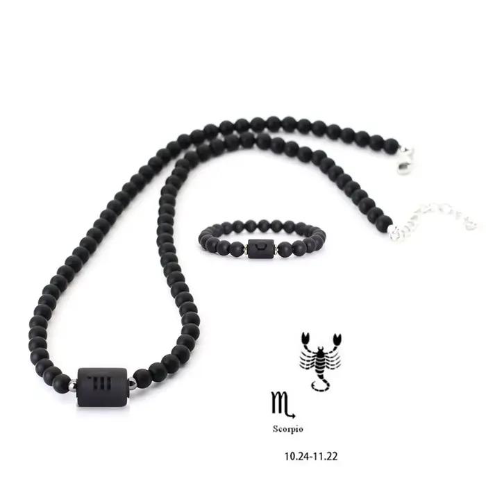 Ensemble de bijoux en pierre d'onyx inaltérable pour hommes, collier et bracelet 12 constellations,
