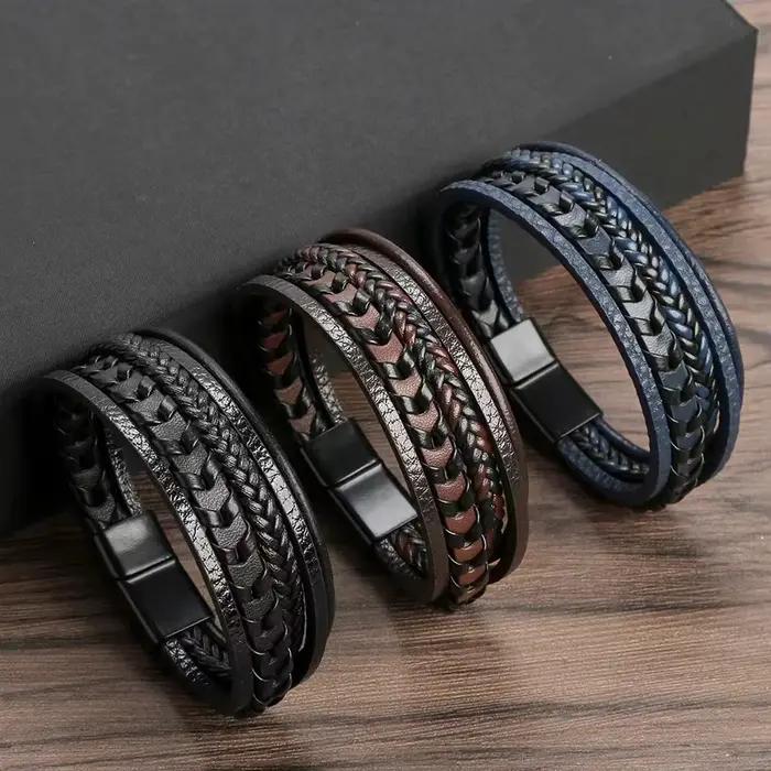 Bracelet tressé en cuir vintage superposé