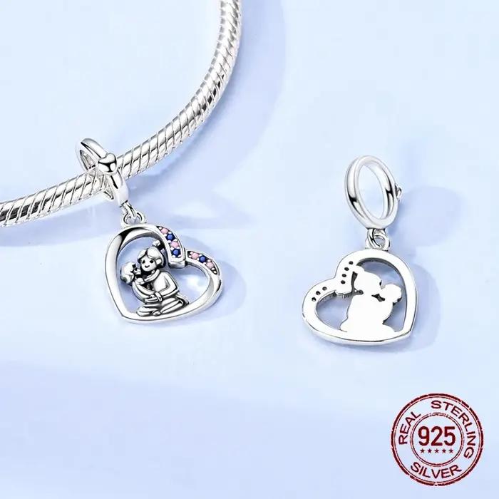 Breloque Cœur Mère et Enfant en Argent Sterling 925 avec Pierres CZ Roses et Bleues