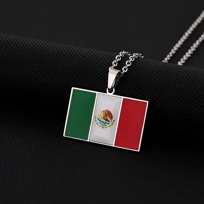Collier avec pendentif carré en acier inoxydable et émail, drapeau du mexique, unisexe, bijoux d'ann