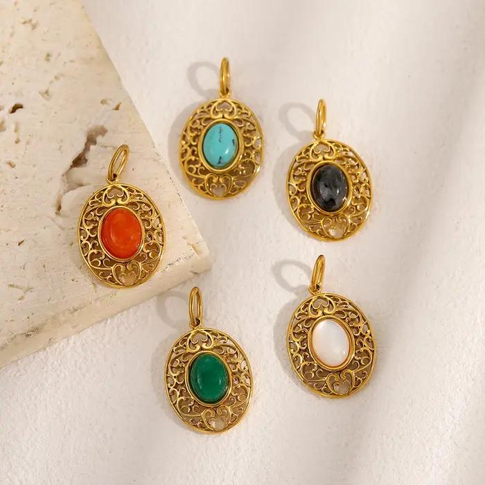 CARLIDANA nouveau géométrique rond ovale pierre naturelle Turquoise acier inoxydable plaqué or pendentif collier étanche bijoux à bricoler soi-même