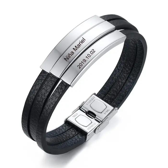 Bracelet en Cuir Noir Personnalisé avec Étiquette d'Identification