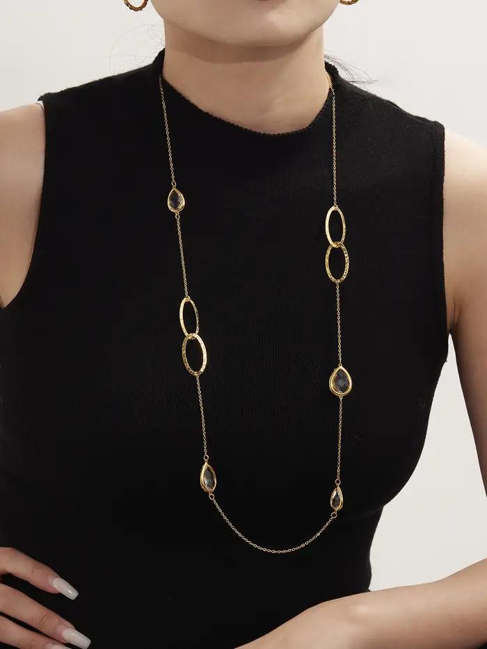 Collier chaîne de pull longue de 82cm en acier inoxydable plaqué or 18 carats avec gouttelettes brillantes