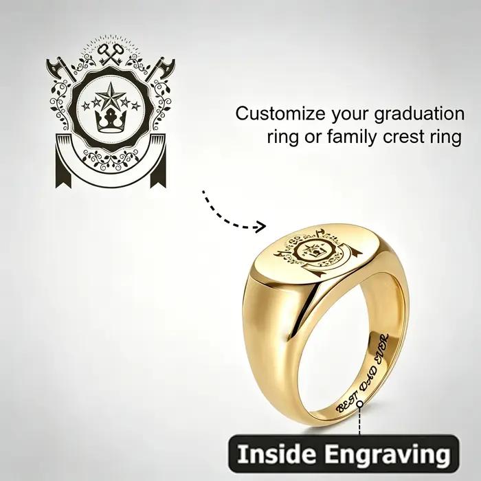 Bague Chevalière Personnalisée avec Armoiries Familiales, en Acier Inoxydable, Logo Héraudique Gravé, Textes et Noms Intérieurs, Bijou de Remise de Diplôme