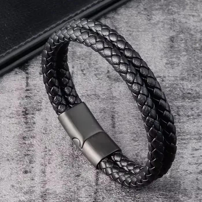 Bracelet en cuir tissé à la main pour homme | Bracelet classique à double couche pour hommes | V