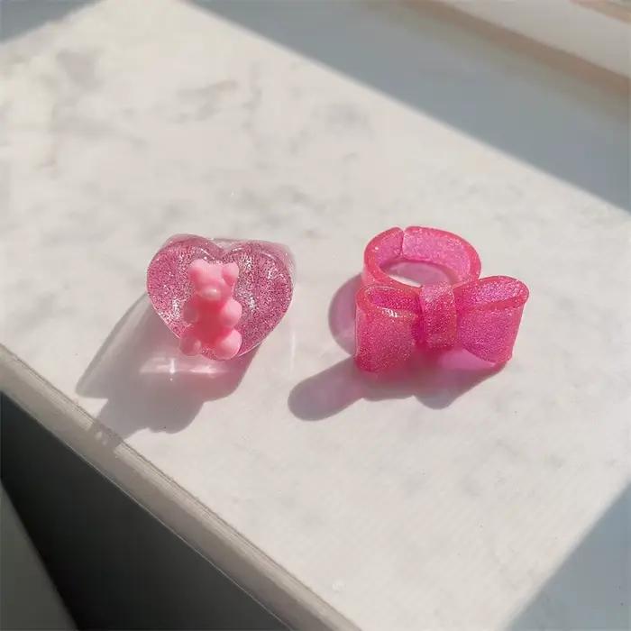 Bague Géométrique en Résine Rose pour Femme et Fille, Anneau Coloré en Acrylique, Ours, Nministériels d Papillon, Cœur, Accessoires de Bijoux
