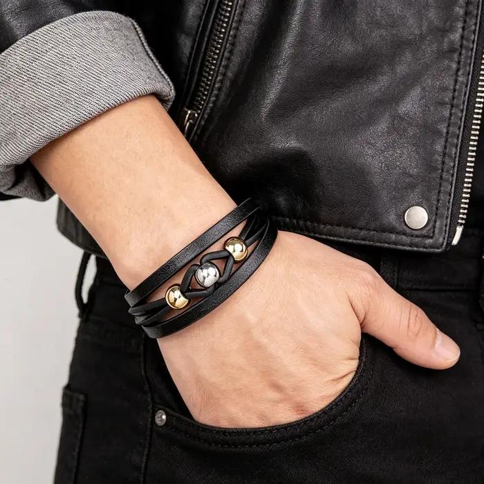 Bracelet en cuir pour homme – Cuir tressé noir multi-couches