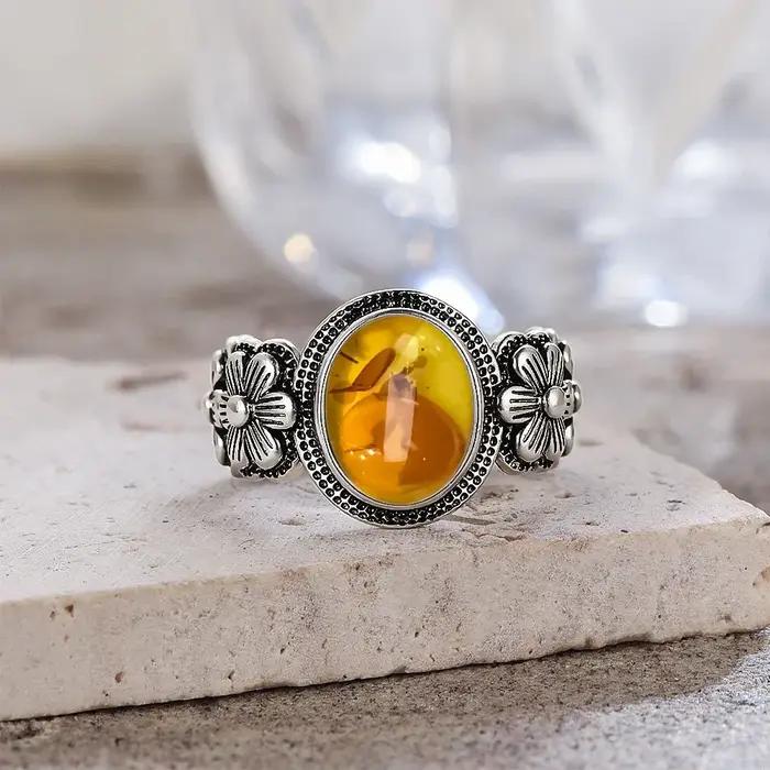 Bagues en argent Sterling 925 en pierre d'ambre naturelle