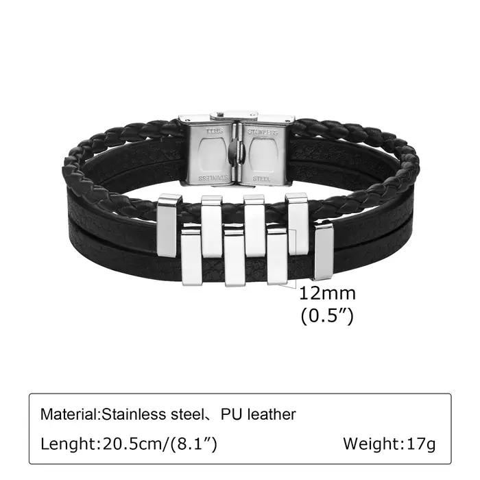 Bracelets en Cuir Noir à 3 Couches en Acier Inoxydable pour Homme