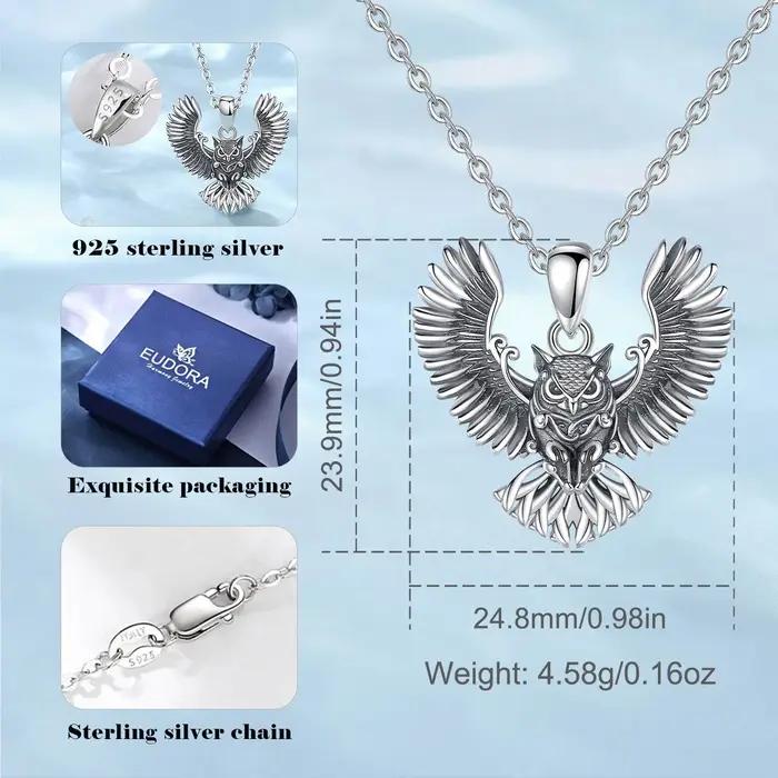 Collier pendentif hibou en argent sterling 925 style vintage hip hop pour femme et homme avec finition oxydée et coffret cadeau