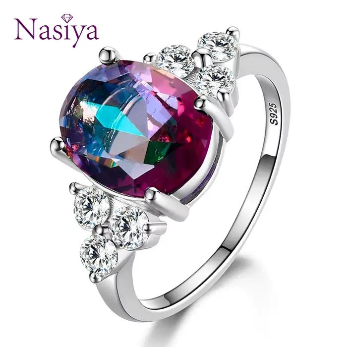 Bijoux pour femmes, bagues plaquées argent, zircon blanc, rose, bleu clair, champagne, ovales, bagues de mariage