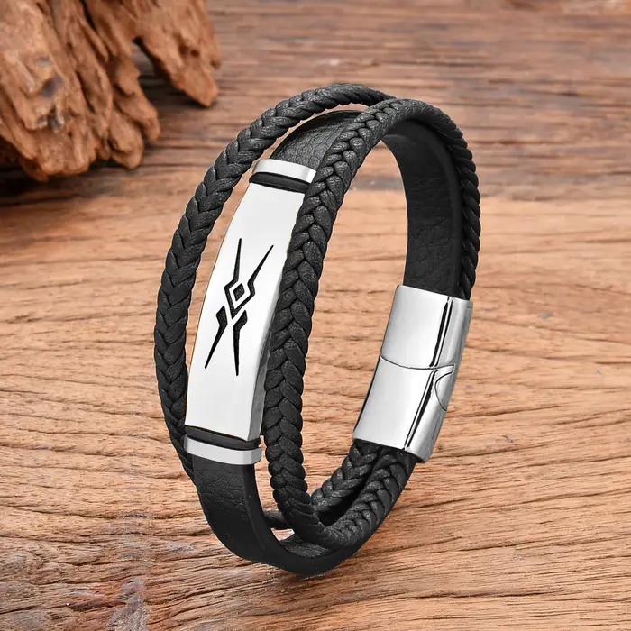 Bracelet en acier inoxydable pour hommes, corde en cuir tressé multicouche, bijoux faits à la main, Hip-Hop, Punk, nouveau, 2024