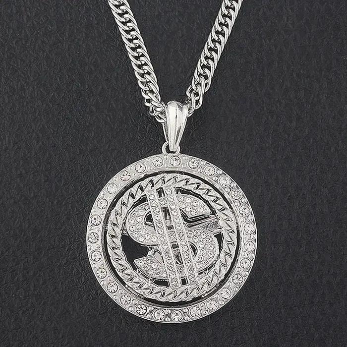 Grand Collier Pendentif Signe d'Argent en Dollar Américain Rotatif pour Homme