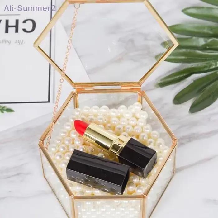 Boîte à bagues hexagonale en verre doré pour femmes, coffret de rangement et décoration rétro élégant à offrir pour occasions spéciales