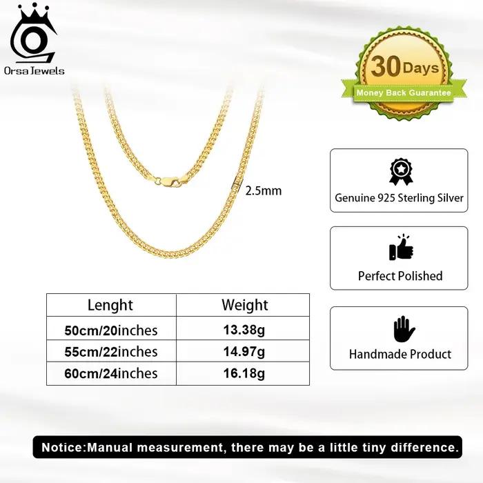 ORSA JEWELS Hip Hop 18K or 2.5mm Franco chaîne collier pour hommes mode 925 en argent Sterling
