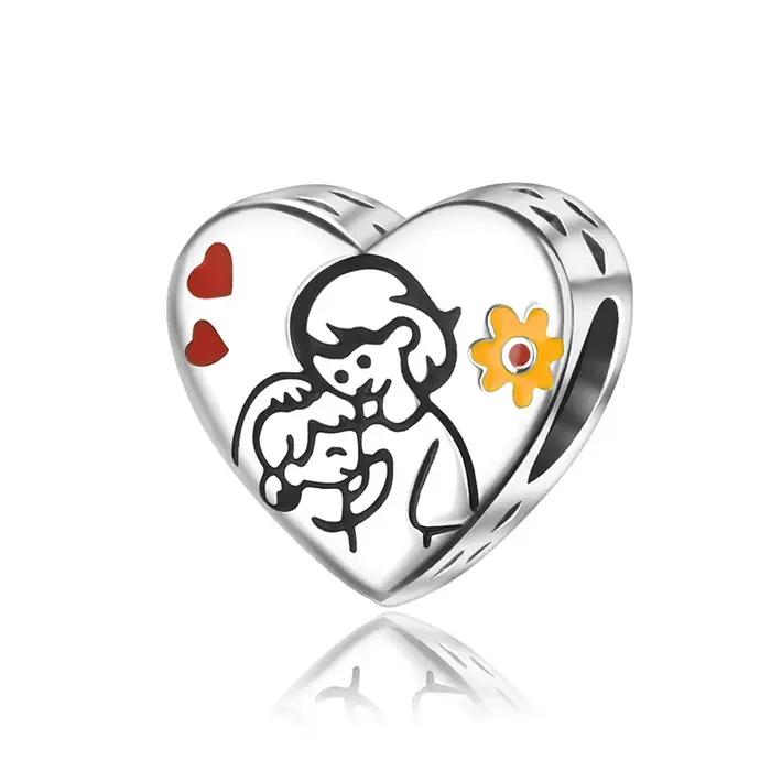 Breloque cœur plaqué argent Mère et Enfant enlacés, perle émaillée fleurie pour bracelet, cadeau de