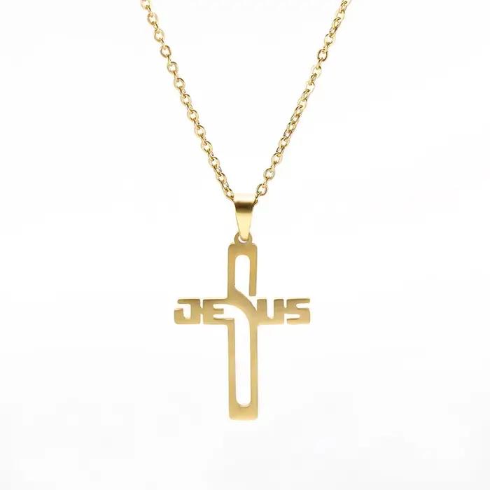 Collier croix plaqué or véritable pour hommes et femmes, bijoux en acier inoxydable, mode chrétienne, cadeaux de Noël, Jésus